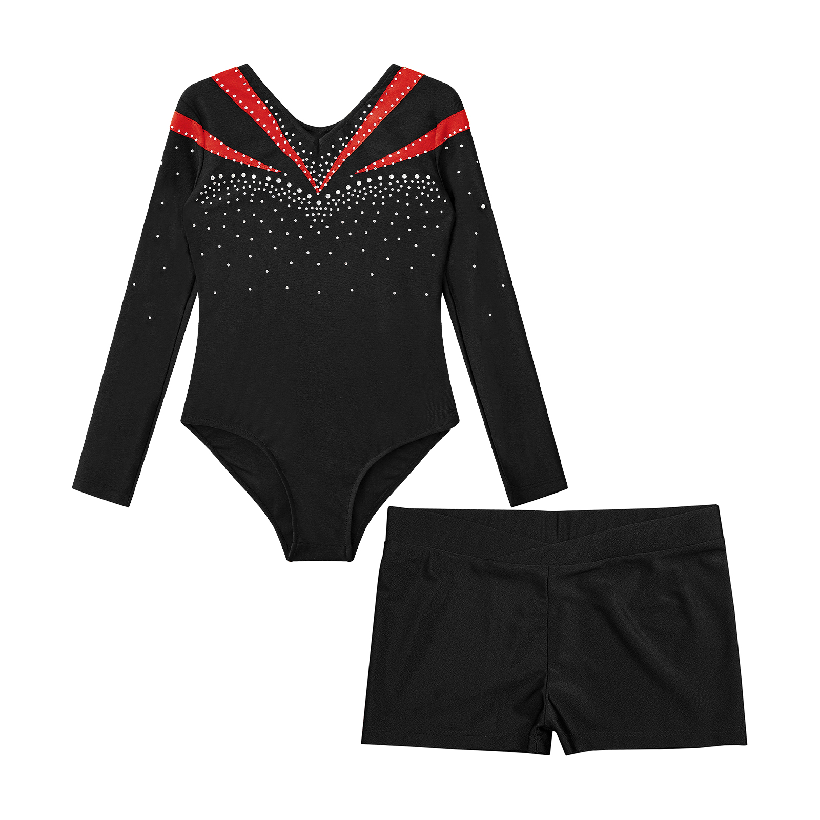 Children Gymnastics Ballet Dance Leotard Set Shiny Rhinestone Long Sleeve Jumpsuit with Shorts Outfits for Girls Sport Dance