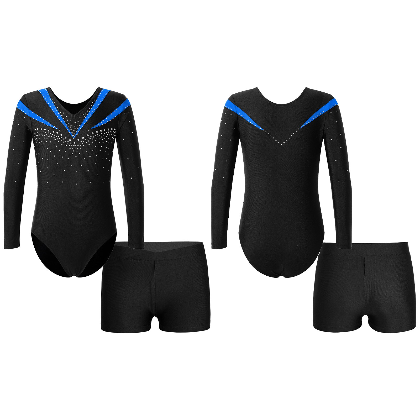 Children Gymnastics Ballet Dance Leotard Set Shiny Rhinestone Long Sleeve Jumpsuit with Shorts Outfits for Girls Sport Dance