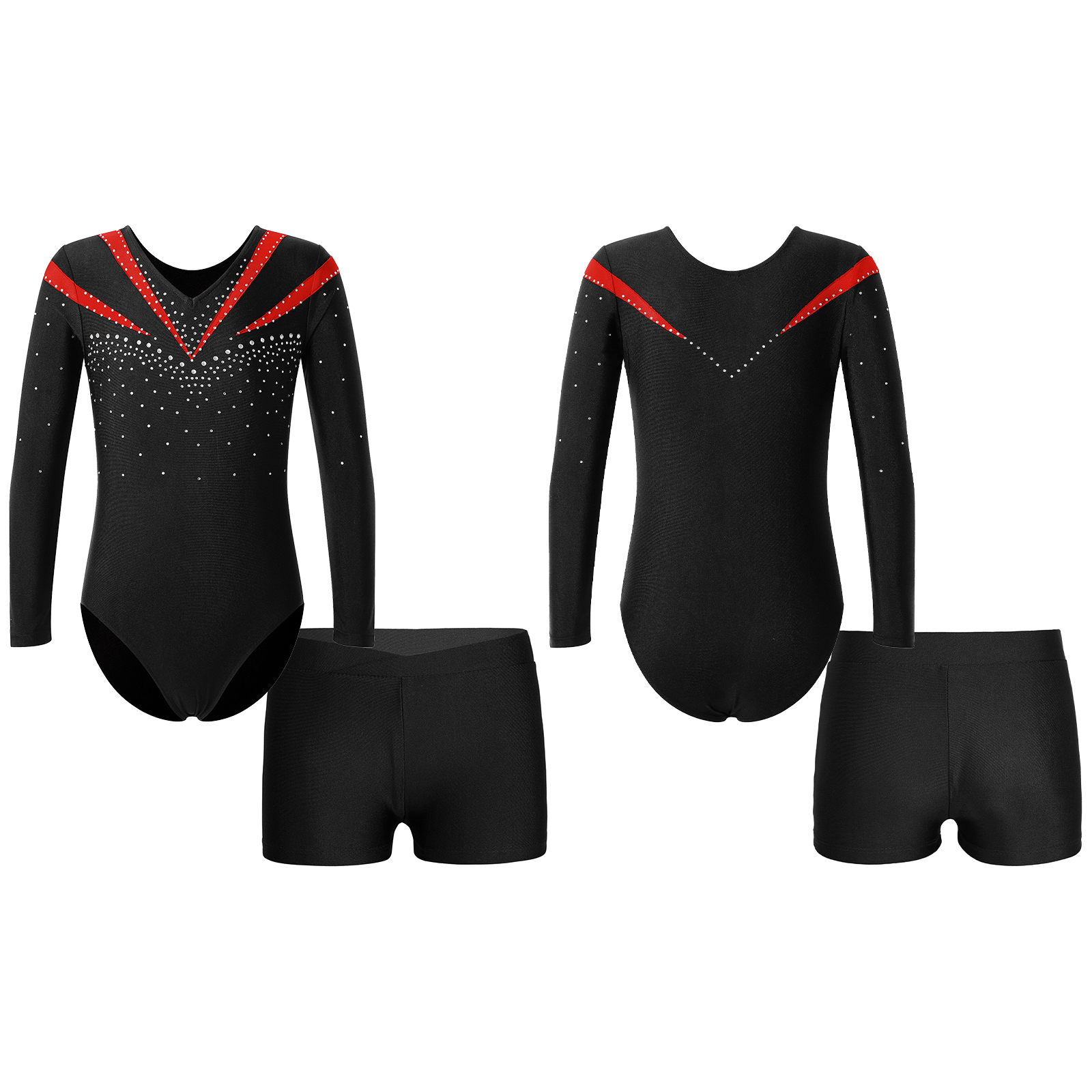 Children Gymnastics Ballet Dance Leotard Set Shiny Rhinestone Long Sleeve Jumpsuit with Shorts Outfits for Girls Sport Dance