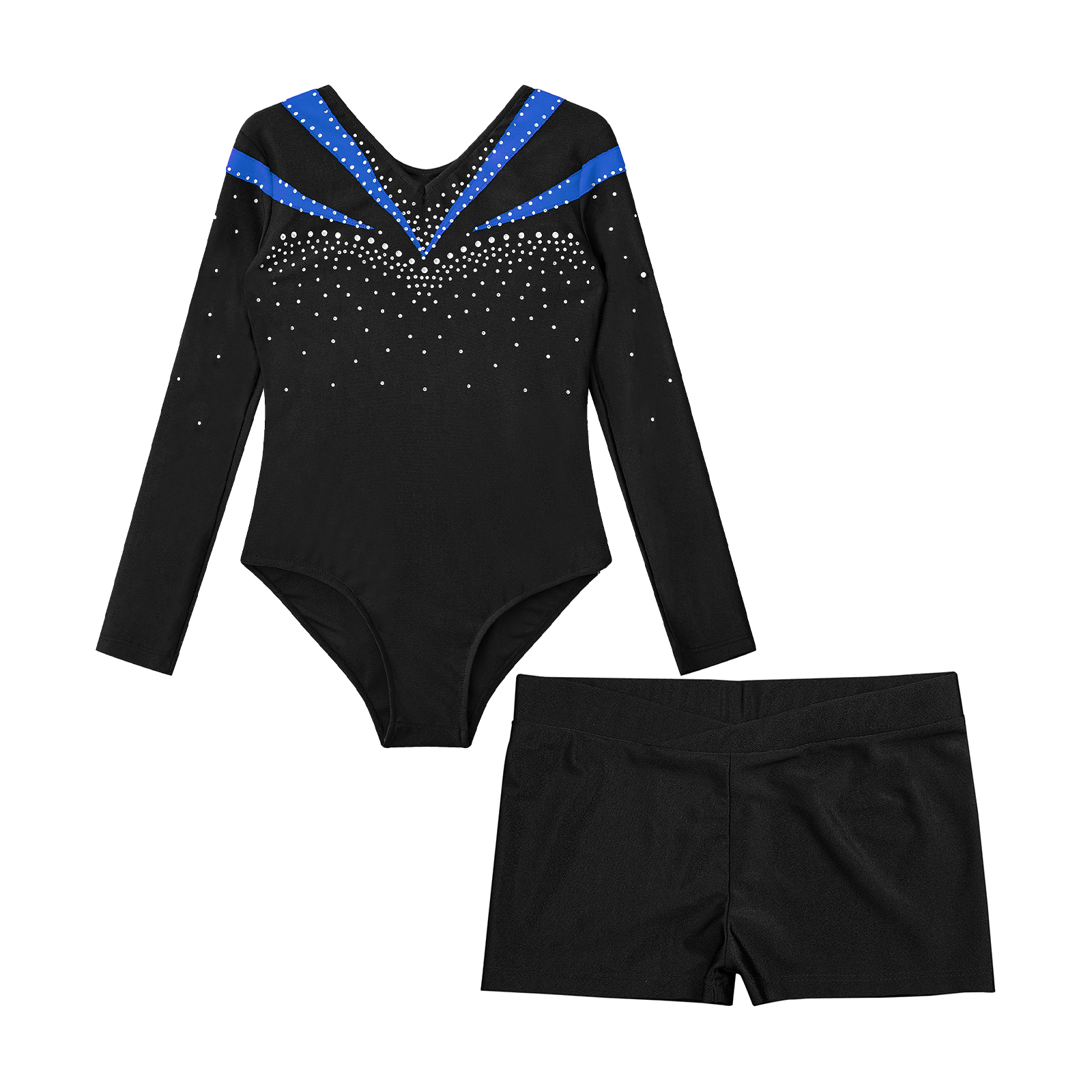 Children Gymnastics Ballet Dance Leotard Set Shiny Rhinestone Long Sleeve Jumpsuit with Shorts Outfits for Girls Sport Dance