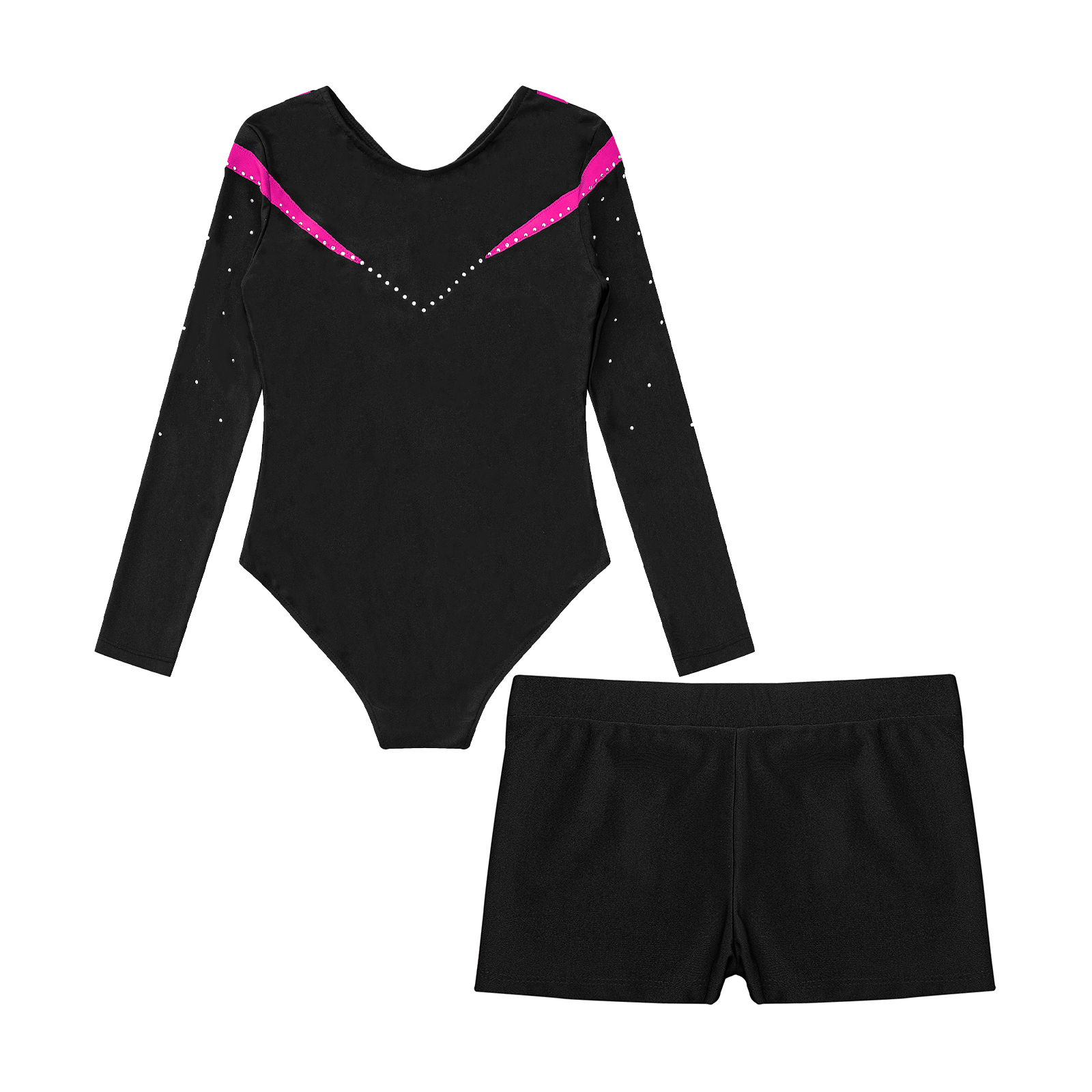 Children Gymnastics Ballet Dance Leotard Set Shiny Rhinestone Long Sleeve Jumpsuit with Shorts Outfits for Girls Sport Dance