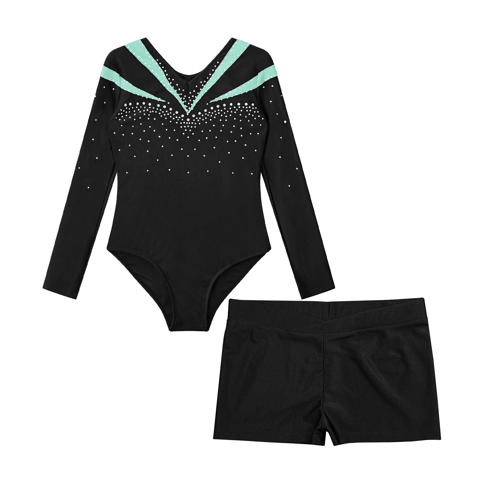 Children Gymnastics Ballet Dance Leotard Set Shiny Rhinestone Long Sleeve Jumpsuit with Shorts Outfits for Girls Sport Dance