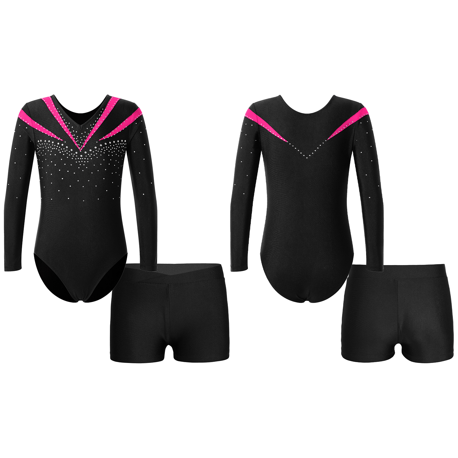 Children Gymnastics Ballet Dance Leotard Set Shiny Rhinestone Long Sleeve Jumpsuit with Shorts Outfits for Girls Sport Dance