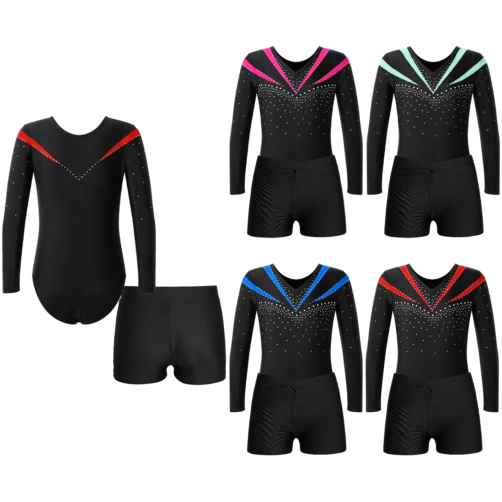 Children Gymnastics Ballet Dance Leotard Set Shiny Rhinestone Long Sleeve Jumpsuit with Shorts Outfits for Girls Sport Dance