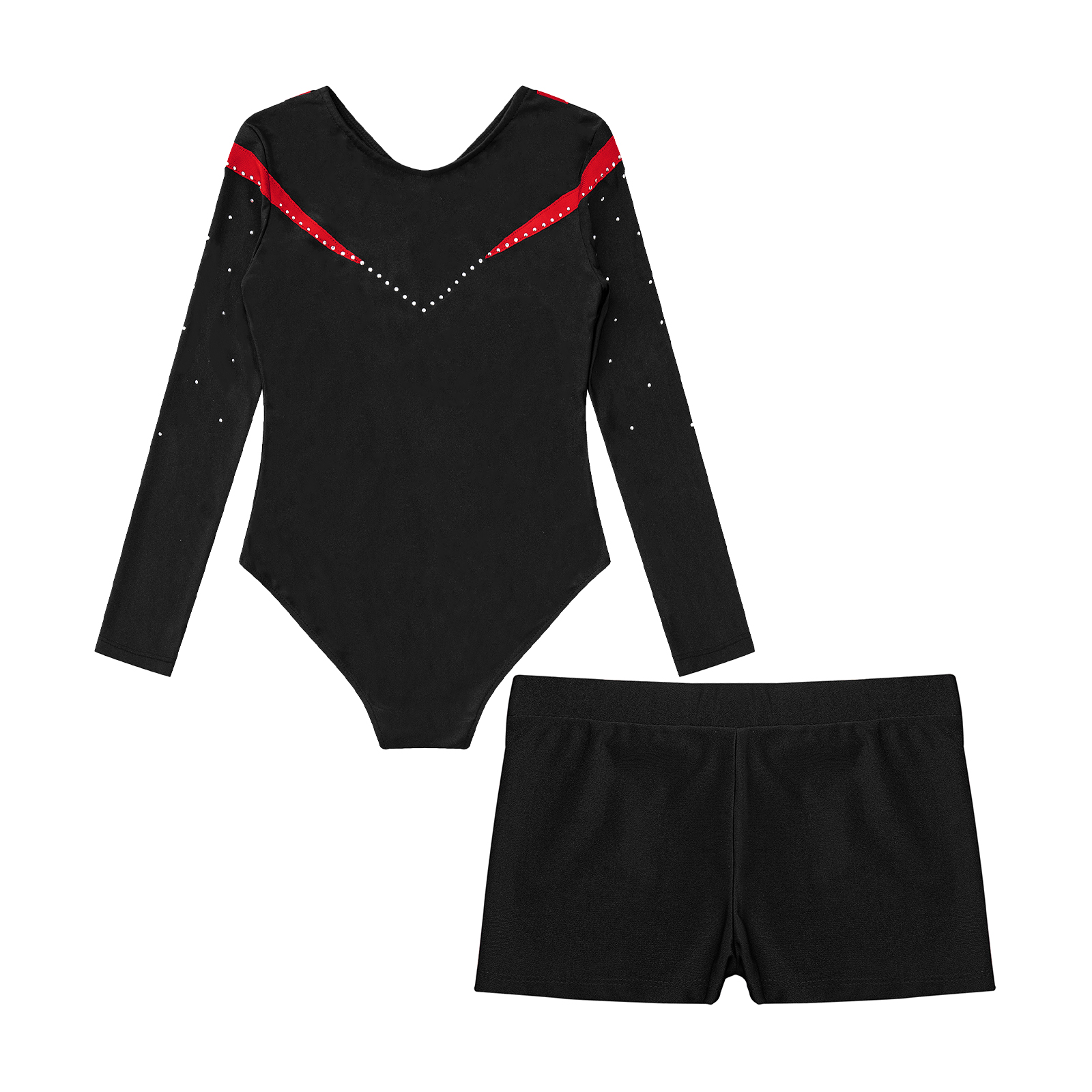 Children Gymnastics Ballet Dance Leotard Set Shiny Rhinestone Long Sleeve Jumpsuit with Shorts Outfits for Girls Sport Dance