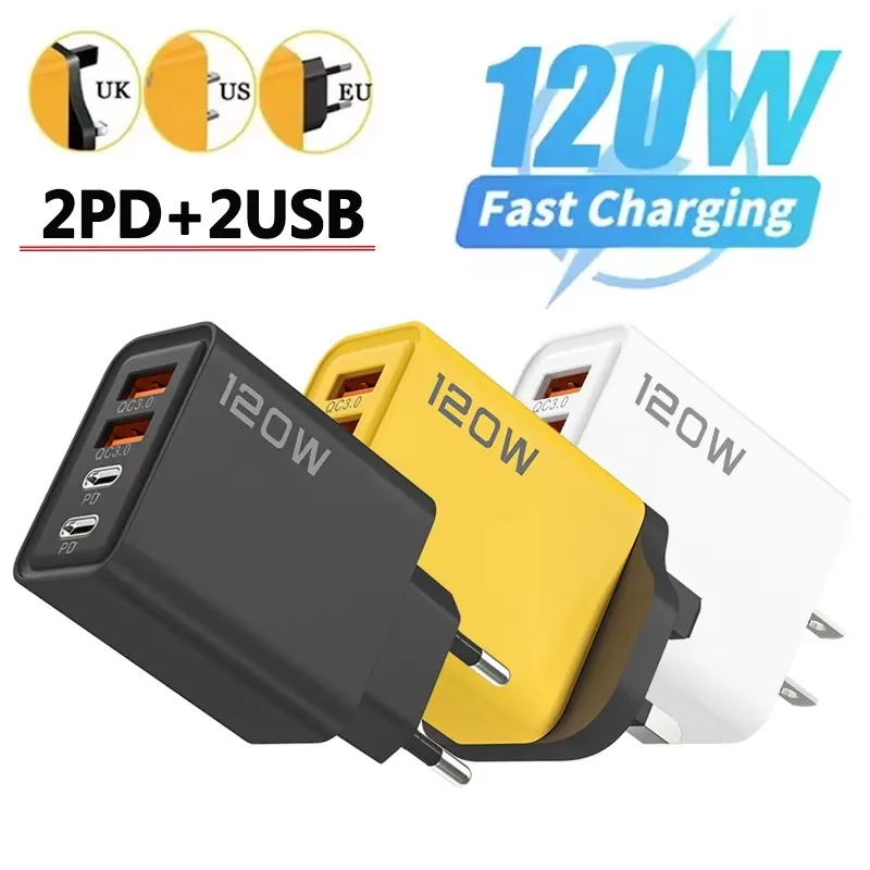 4 Ports 120W Charger Quick Charge 3.0 USB C PD Type C USB Phone Chargers Fast Charging Adapter For iPhone Samsung Xiaomi Huawei