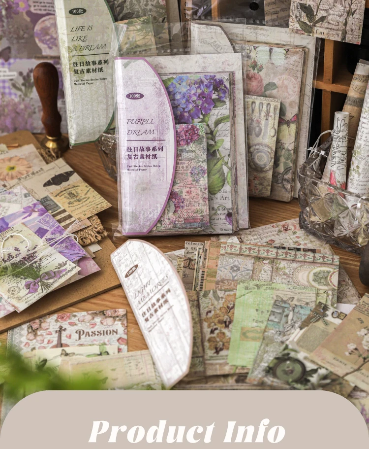 4Style 100pcs/pack Retro Material Paper Past Story Series Flower Butterfly Handbook DIY Base Literary Background Scrapbook