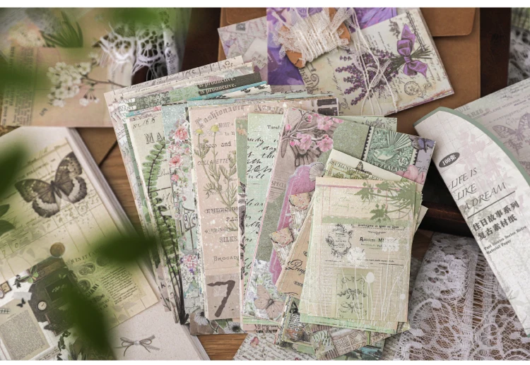 4Style 100pcs/pack Retro Material Paper Past Story Series Flower Butterfly Handbook DIY Base Literary Background Scrapbook