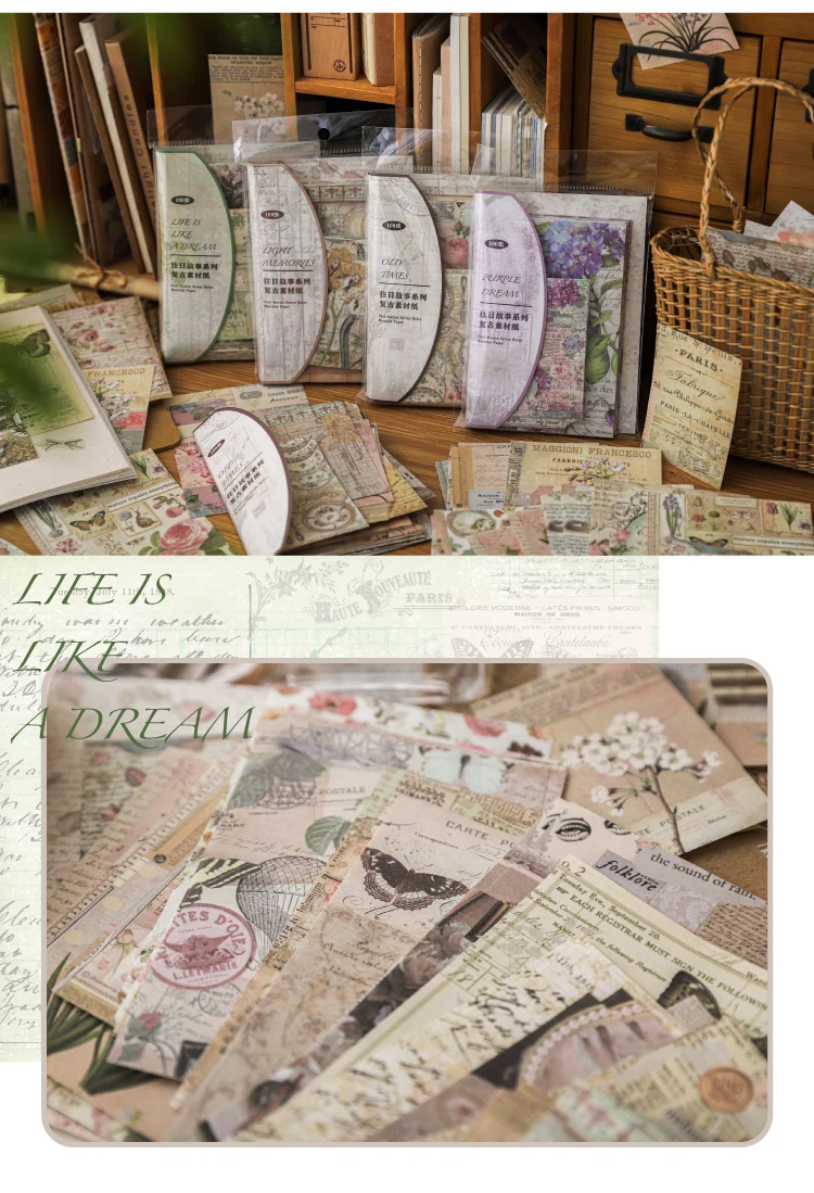 4Style 100pcs/pack Retro Material Paper Past Story Series Flower Butterfly Handbook DIY Base Literary Background Scrapbook