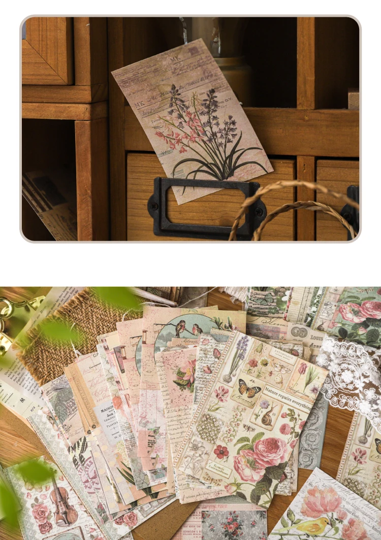 4Style 100pcs/pack Retro Material Paper Past Story Series Flower Butterfly Handbook DIY Base Literary Background Scrapbook