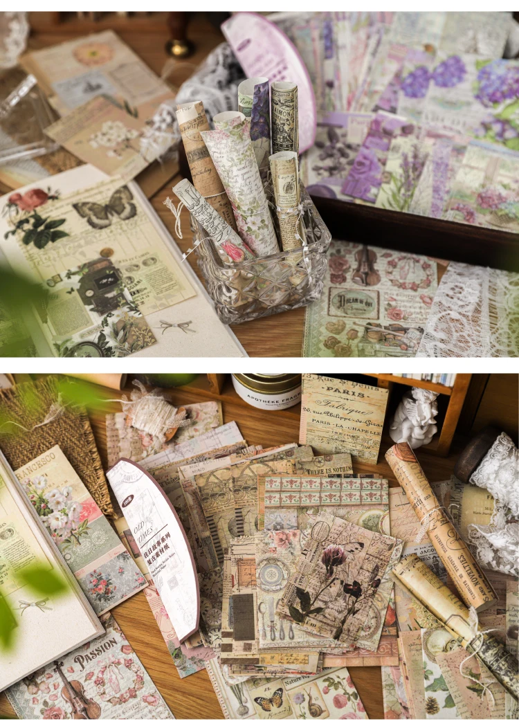 4Style 100pcs/pack Retro Material Paper Past Story Series Flower Butterfly Handbook DIY Base Literary Background Scrapbook