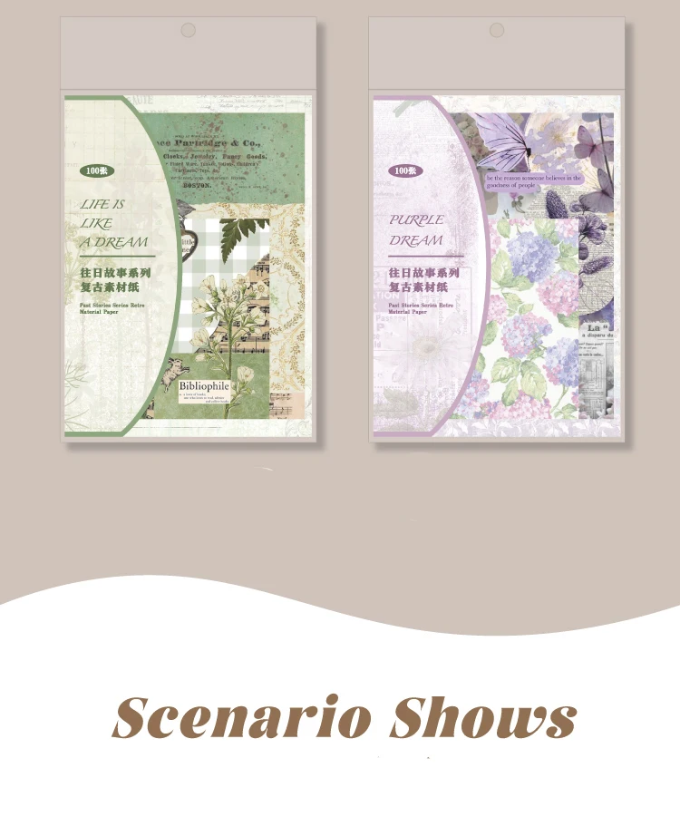 4Style 100pcs/pack Retro Material Paper Past Story Series Flower Butterfly Handbook DIY Base Literary Background Scrapbook
