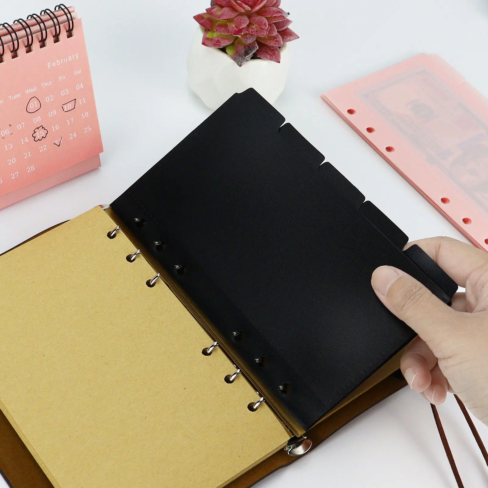 A6 5Pcs Colorful Binder Pockets Binder Zipper Folders for 6Ring Notebook Divider Page Waterproof PVC Leaf Document Filing Bag