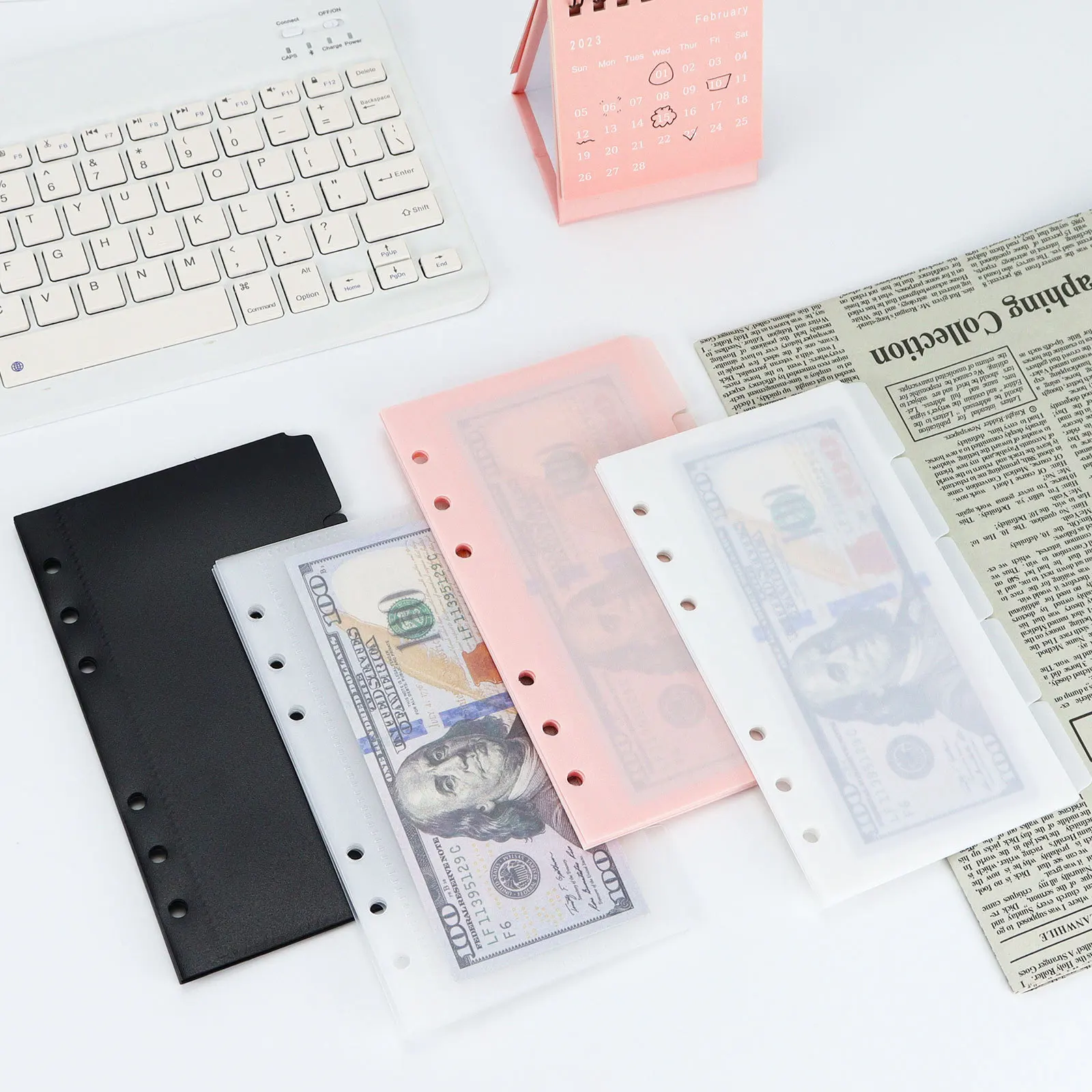 A6 5Pcs Colorful Binder Pockets Binder Zipper Folders for 6Ring Notebook Divider Page Waterproof PVC Leaf Document Filing Bag