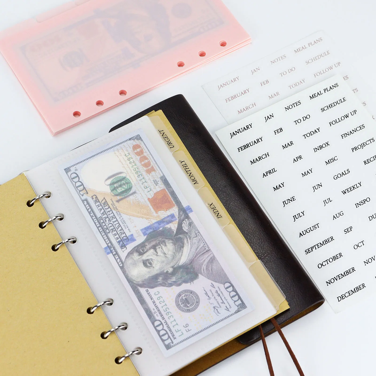A6 5Pcs Colorful Binder Pockets Binder Zipper Folders for 6Ring Notebook Divider Page Waterproof PVC Leaf Document Filing Bag