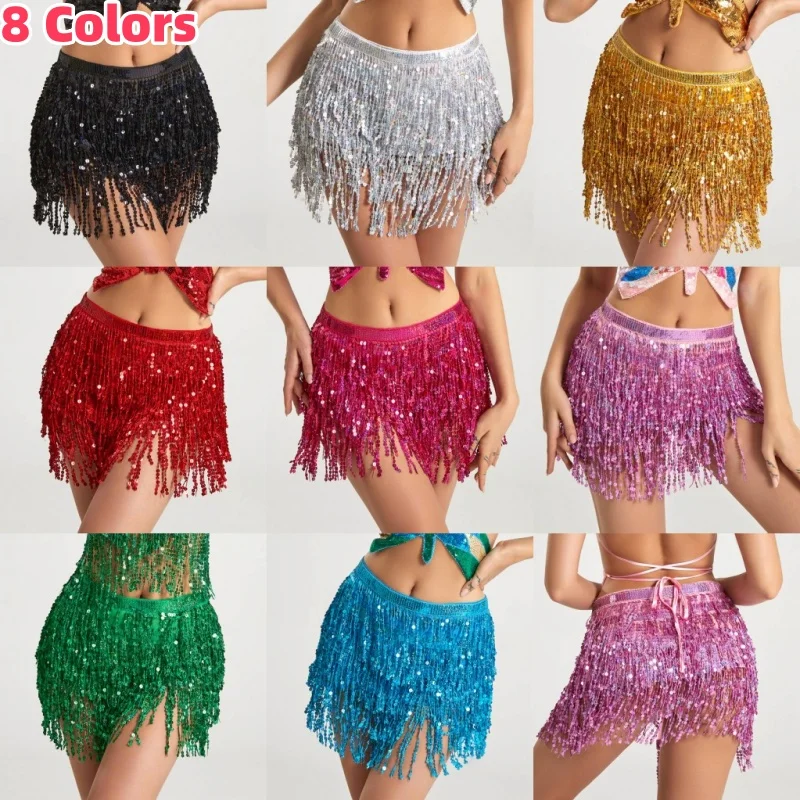Stage Performance Belly Dance Layer Sequins Tassel Chain Belts Skirt Wrap Club Indian Latin Hula Dancer Beach Hip Waist Scarf