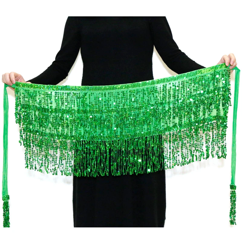 Stage Performance Belly Dance Layer Sequins Tassel Chain Belts Skirt Wrap Club Indian Latin Hula Dancer Beach Hip Waist Scarf