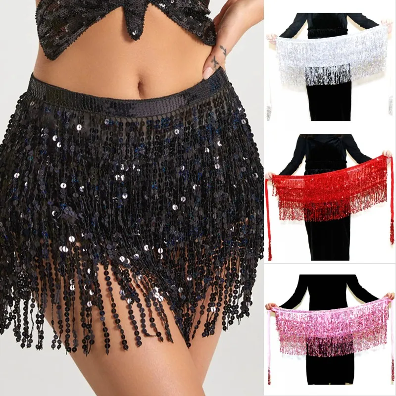 Stage Performance Belly Dance Layer Sequins Tassel Chain Belts Skirt Wrap Club Indian Latin Hula Dancer Beach Hip Waist Scarf