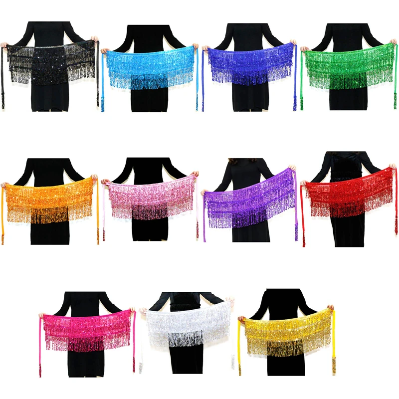 Stage Performance Belly Dance Layer Sequins Tassel Chain Belts Skirt Wrap Club Indian Latin Hula Dancer Beach Hip Waist Scarf