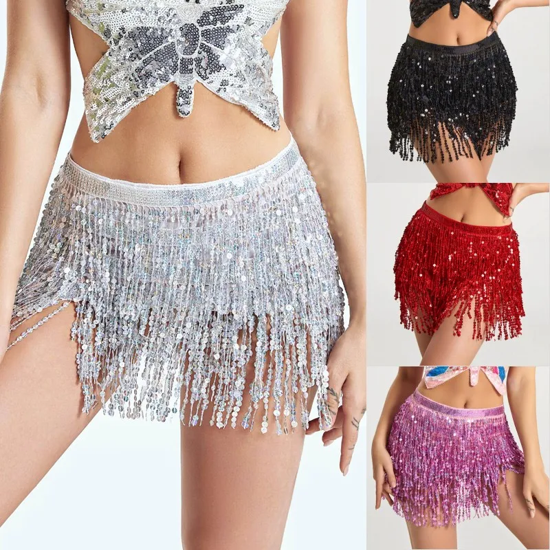 Stage Performance Belly Dance Layer Sequins Tassel Chain Belts Skirt Wrap Club Indian Latin Hula Dancer Beach Hip Waist Scarf