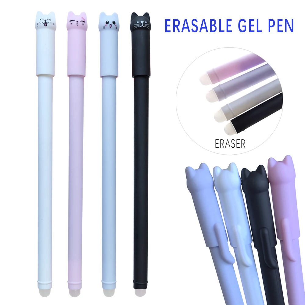 Kawaii Cat Erasable Gel Pen 0.5mm Magic Ink Blue Black Pen Set With Rubber Eraser Creative School Kid's Gifts Stationery
