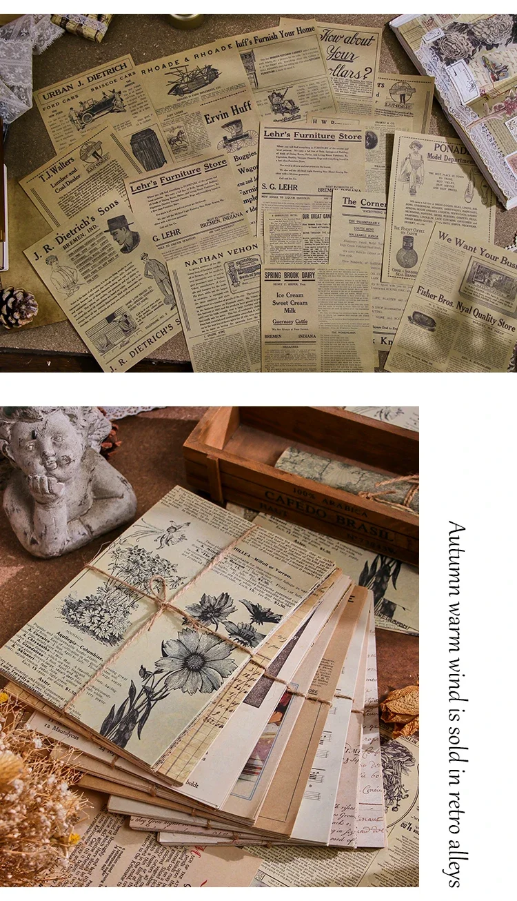 Journamm 30pcs/pack Vintage Newspaper Style Materials Paper Lightweight Paper DIY Scrapbooking Collage Junk Journal Decor Paper