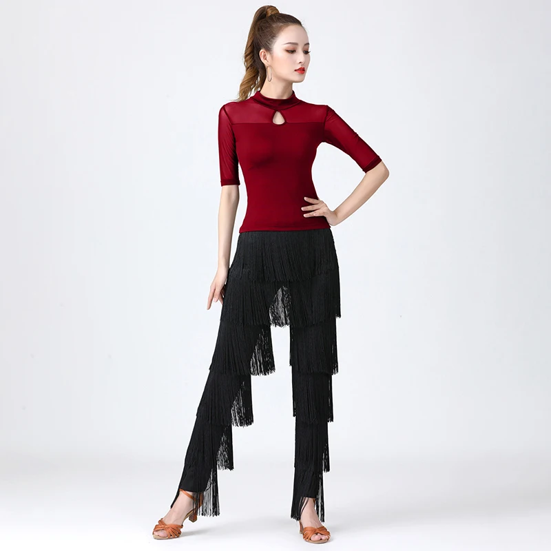 Women's Tassels Fringe Dance Pants Ballroom Latin Tango Salsa Practice Performance Dancing Costume Pants Blakc Blue Red