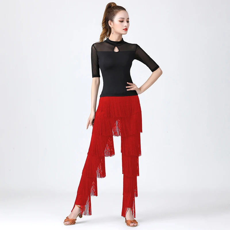 Women's Tassels Fringe Dance Pants Ballroom Latin Tango Salsa Practice Performance Dancing Costume Pants Blakc Blue Red