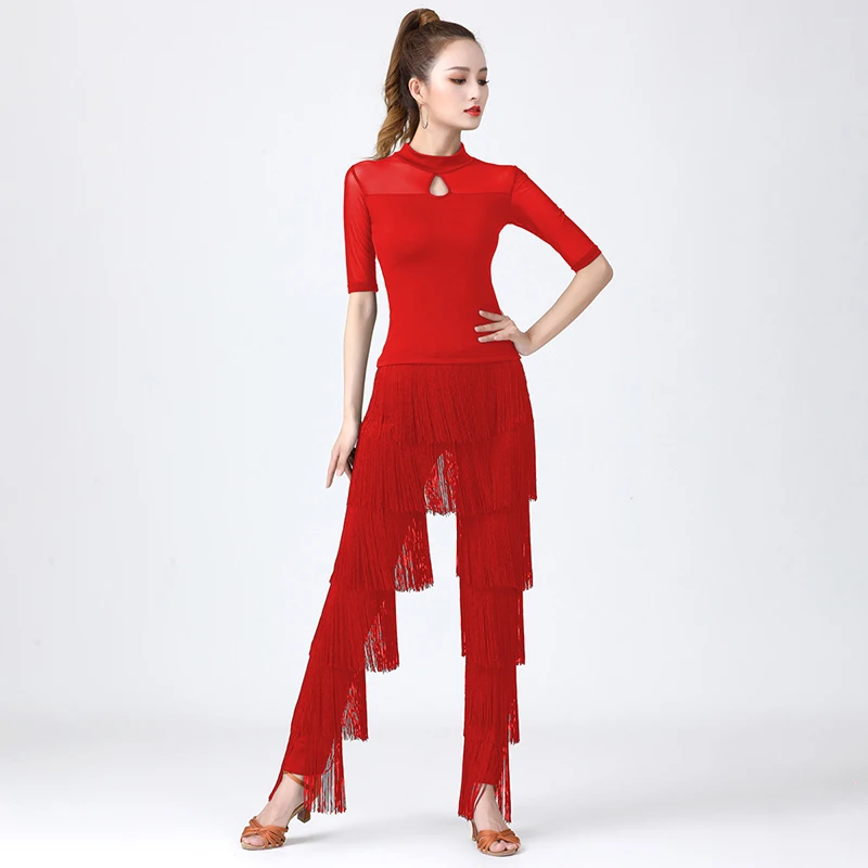 Women's Tassels Fringe Dance Pants Ballroom Latin Tango Salsa Practice Performance Dancing Costume Pants Blakc Blue Red