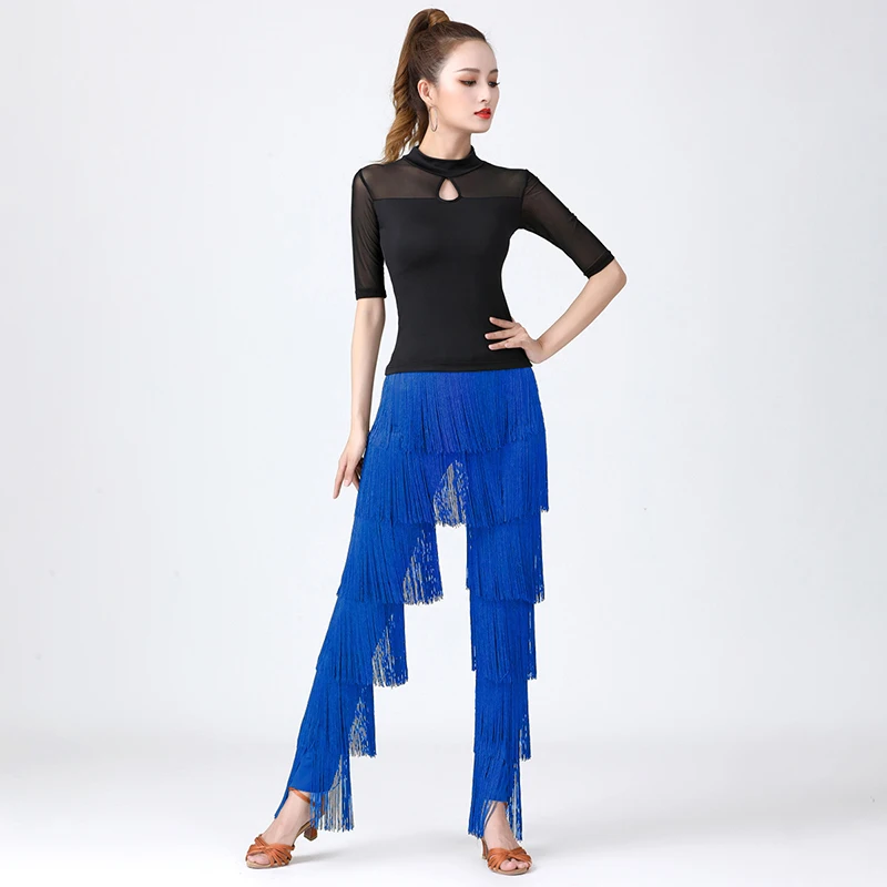 Women's Tassels Fringe Dance Pants Ballroom Latin Tango Salsa Practice Performance Dancing Costume Pants Blakc Blue Red