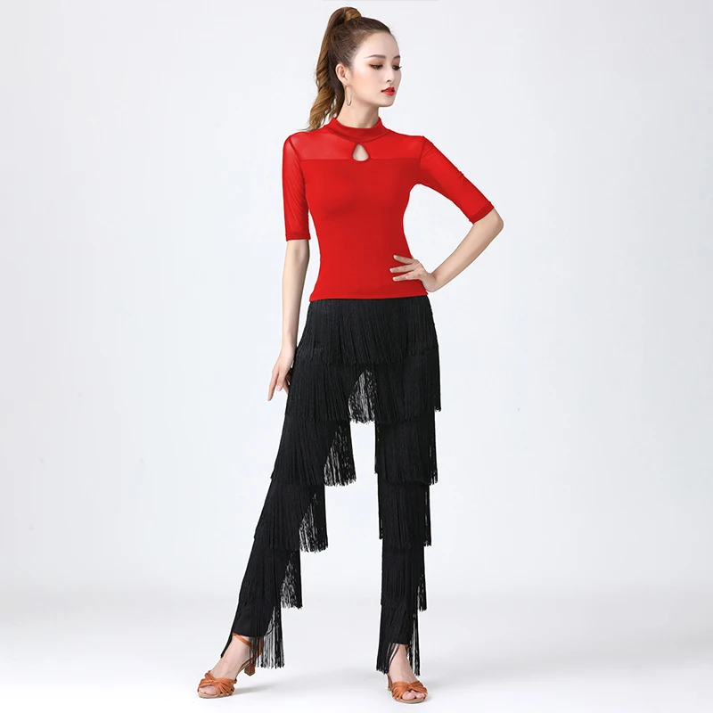 Women's Tassels Fringe Dance Pants Ballroom Latin Tango Salsa Practice Performance Dancing Costume Pants Blakc Blue Red