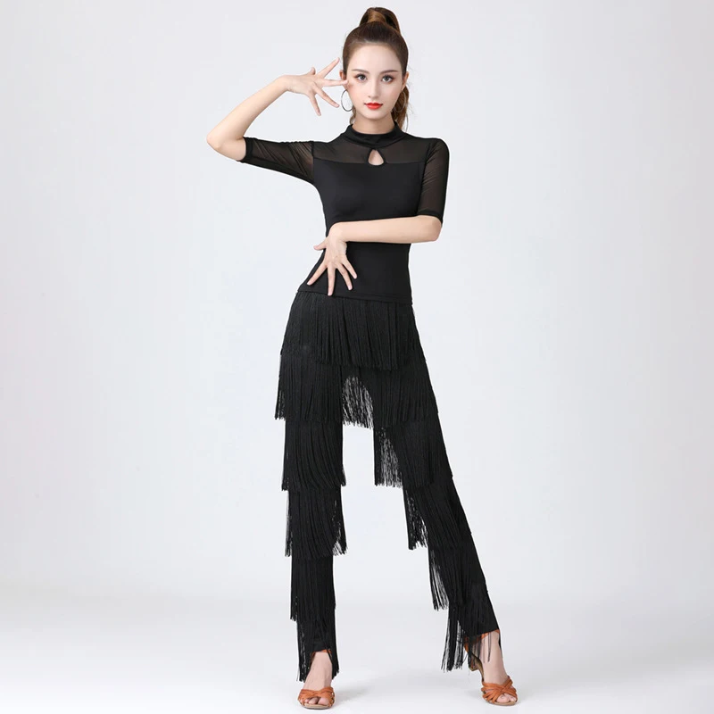 Women's Tassels Fringe Dance Pants Ballroom Latin Tango Salsa Practice Performance Dancing Costume Pants Blakc Blue Red