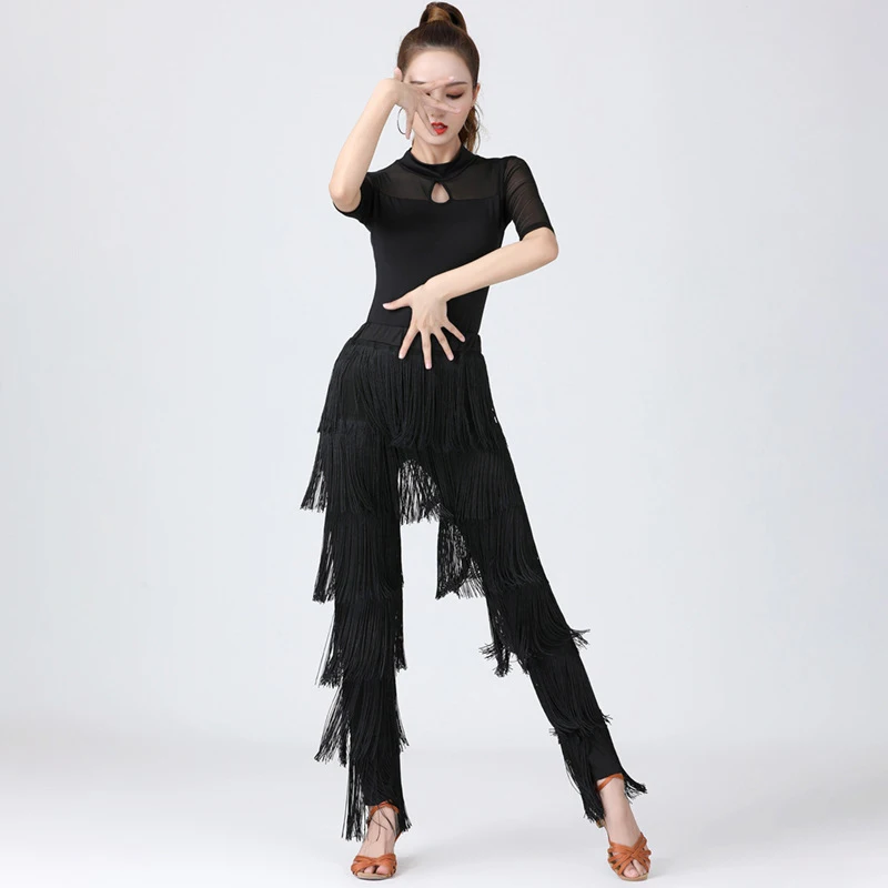 Women's Tassels Fringe Dance Pants Ballroom Latin Tango Salsa Practice Performance Dancing Costume Pants Blakc Blue Red