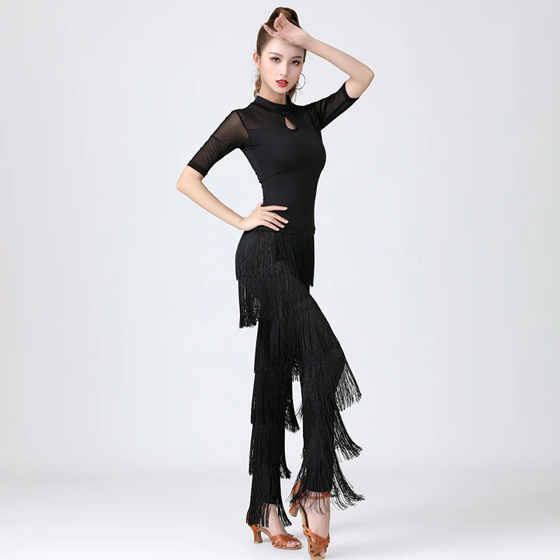 Women's Tassels Fringe Dance Pants Ballroom Latin Tango Salsa Practice Performance Dancing Costume Pants Blakc Blue Red