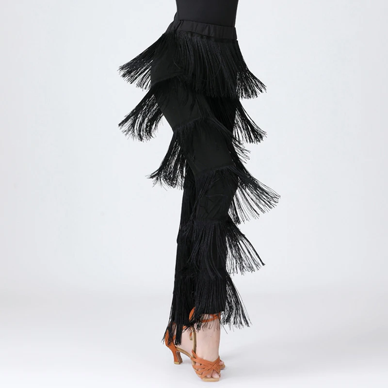 Women's Tassels Fringe Dance Pants Ballroom Latin Tango Salsa Practice Performance Dancing Costume Pants Blakc Blue Red