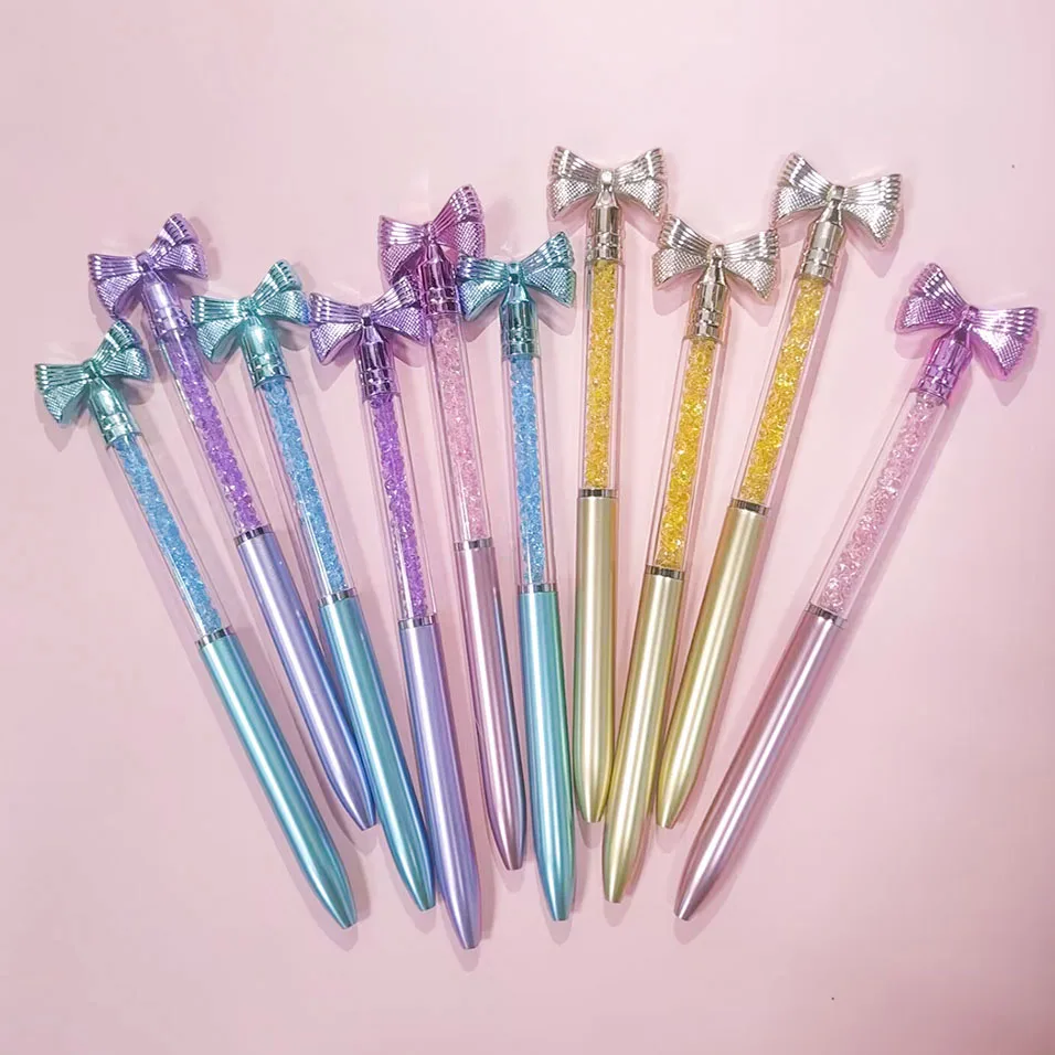 10Pcs/Lot Cute Bow Knot Ballpoint Pens Bow-tie Rotating Crystal Writing Gel Pen Black Blue Ink Office Supplies School Stationery