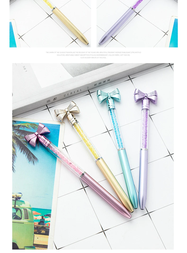 10Pcs/Lot Cute Bow Knot Ballpoint Pens Bow-tie Rotating Crystal Writing Gel Pen Black Blue Ink Office Supplies School Stationery