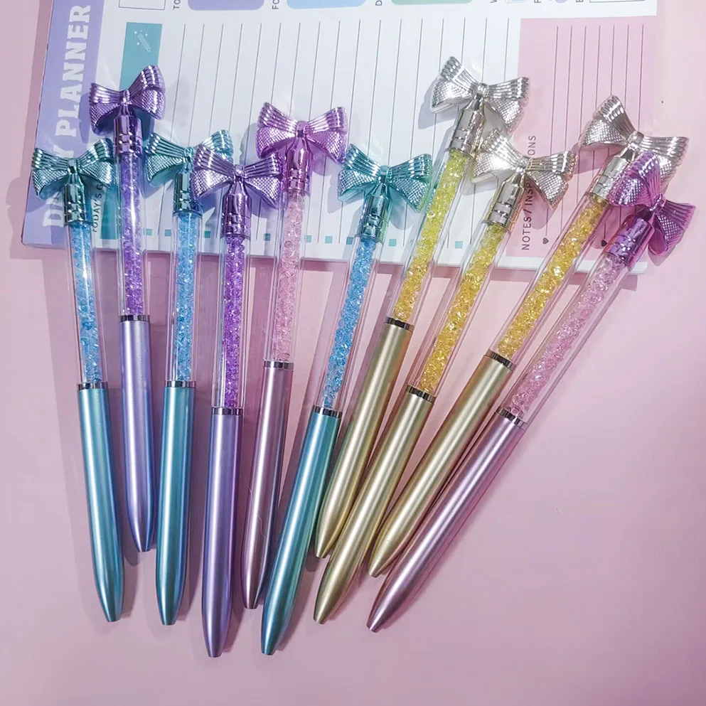 10Pcs/Lot Cute Bow Knot Ballpoint Pens Bow-tie Rotating Crystal Writing Gel Pen Black Blue Ink Office Supplies School Stationery