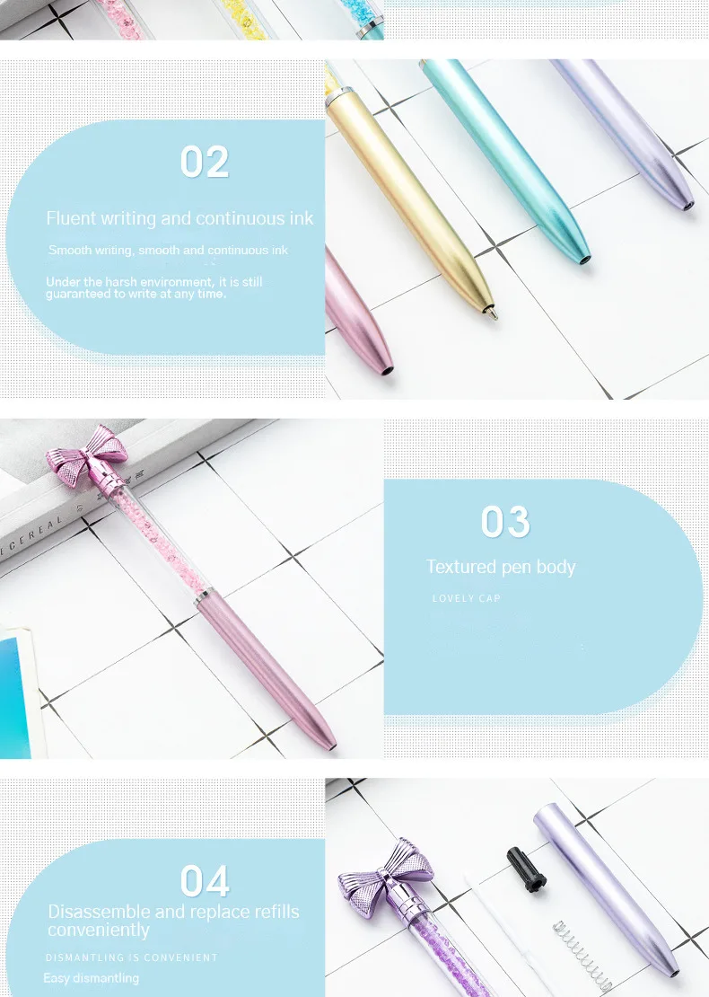 10Pcs/Lot Cute Bow Knot Ballpoint Pens Bow-tie Rotating Crystal Writing Gel Pen Black Blue Ink Office Supplies School Stationery