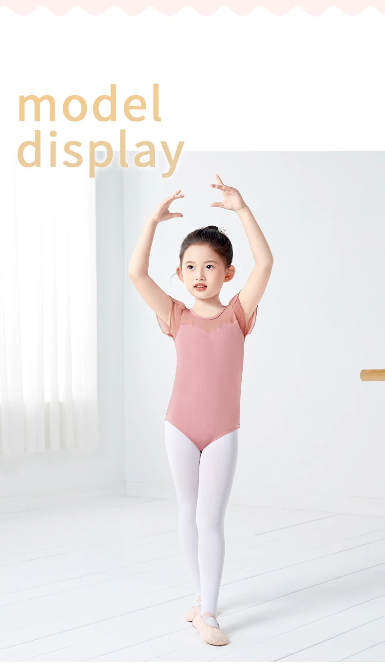 Girls Cotton Back Bowknot Ballet Dance Leotards Children Flower Bud Sleeve Mesh Splice Gymnastics Bodysuit