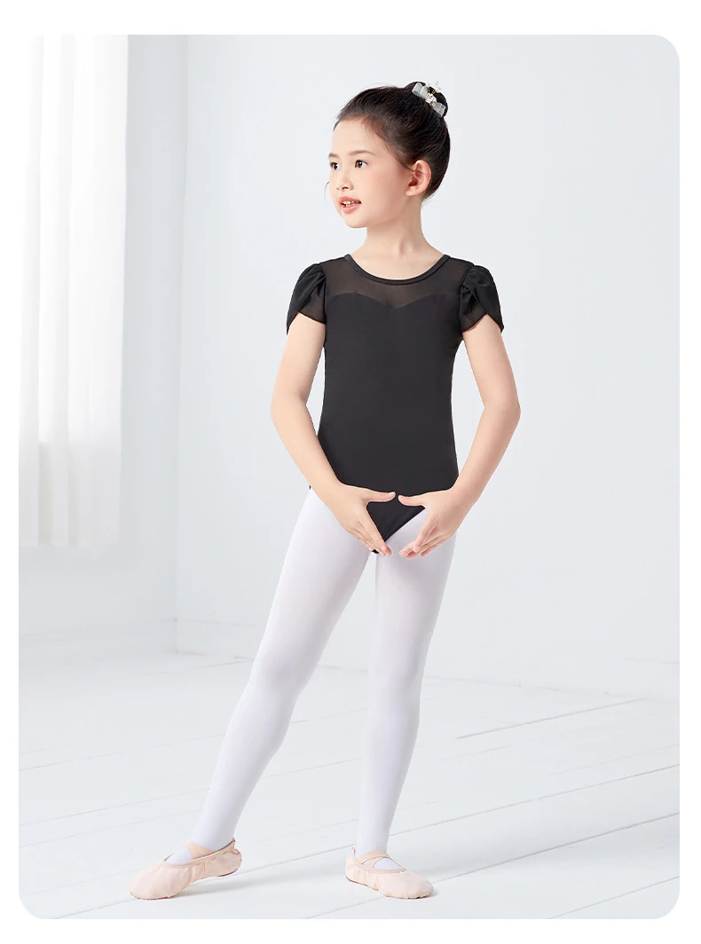 Girls Cotton Back Bowknot Ballet Dance Leotards Children Flower Bud Sleeve Mesh Splice Gymnastics Bodysuit