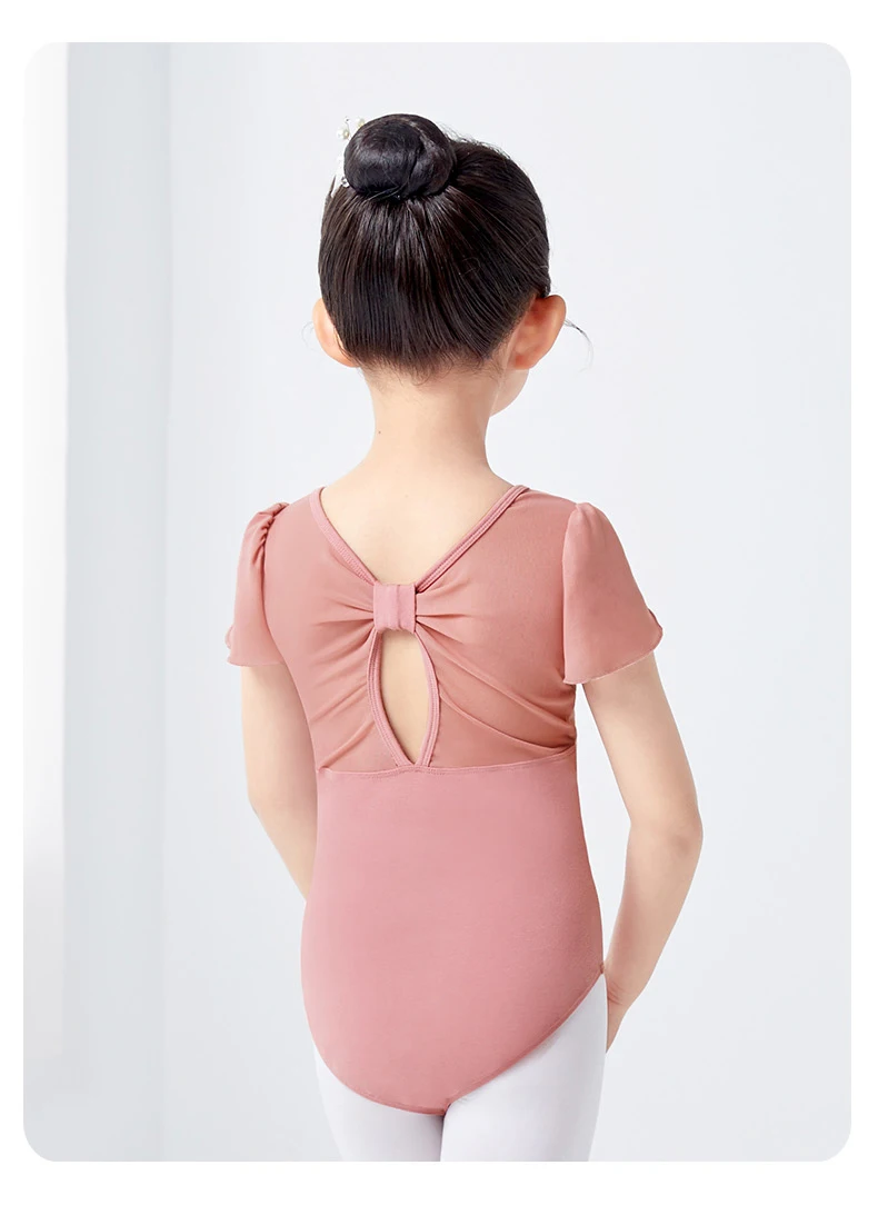 Girls Cotton Back Bowknot Ballet Dance Leotards Children Flower Bud Sleeve Mesh Splice Gymnastics Bodysuit