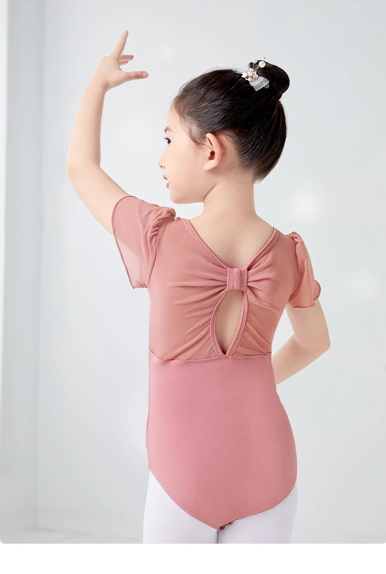 Girls Cotton Back Bowknot Ballet Dance Leotards Children Flower Bud Sleeve Mesh Splice Gymnastics Bodysuit