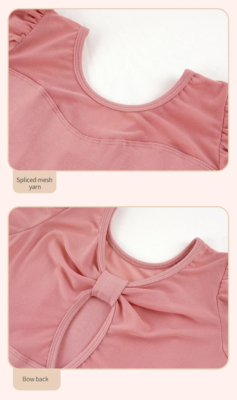 Girls Cotton Back Bowknot Ballet Dance Leotards Children Flower Bud Sleeve Mesh Splice Gymnastics Bodysuit