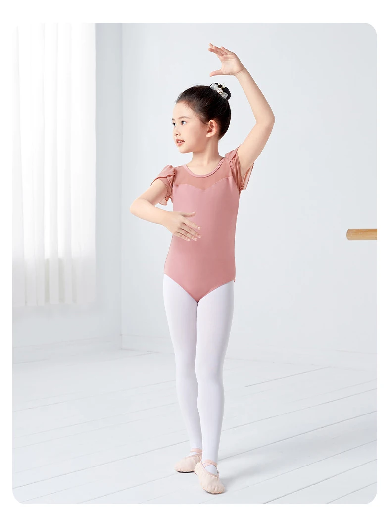 Girls Cotton Back Bowknot Ballet Dance Leotards Children Flower Bud Sleeve Mesh Splice Gymnastics Bodysuit