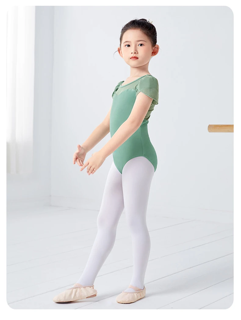 Girls Cotton Back Bowknot Ballet Dance Leotards Children Flower Bud Sleeve Mesh Splice Gymnastics Bodysuit