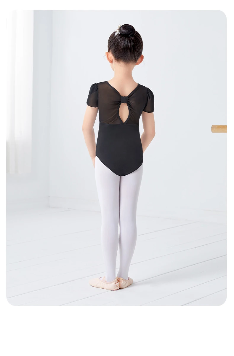 Girls Cotton Back Bowknot Ballet Dance Leotards Children Flower Bud Sleeve Mesh Splice Gymnastics Bodysuit