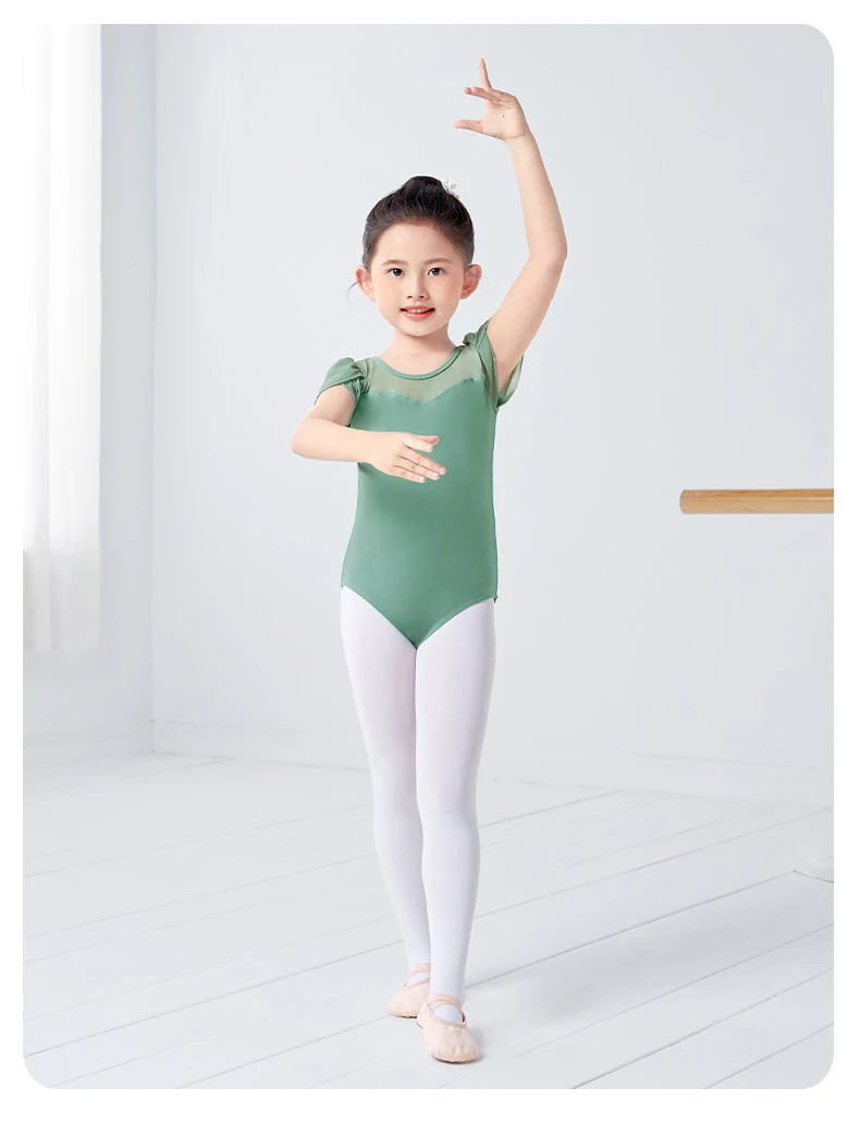 Girls Cotton Back Bowknot Ballet Dance Leotards Children Flower Bud Sleeve Mesh Splice Gymnastics Bodysuit