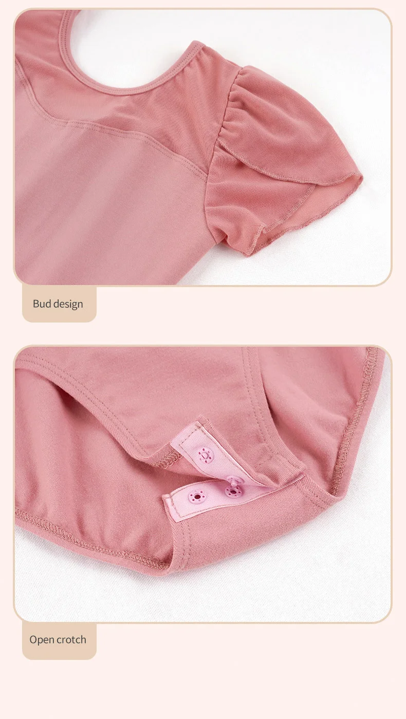 Girls Cotton Back Bowknot Ballet Dance Leotards Children Flower Bud Sleeve Mesh Splice Gymnastics Bodysuit