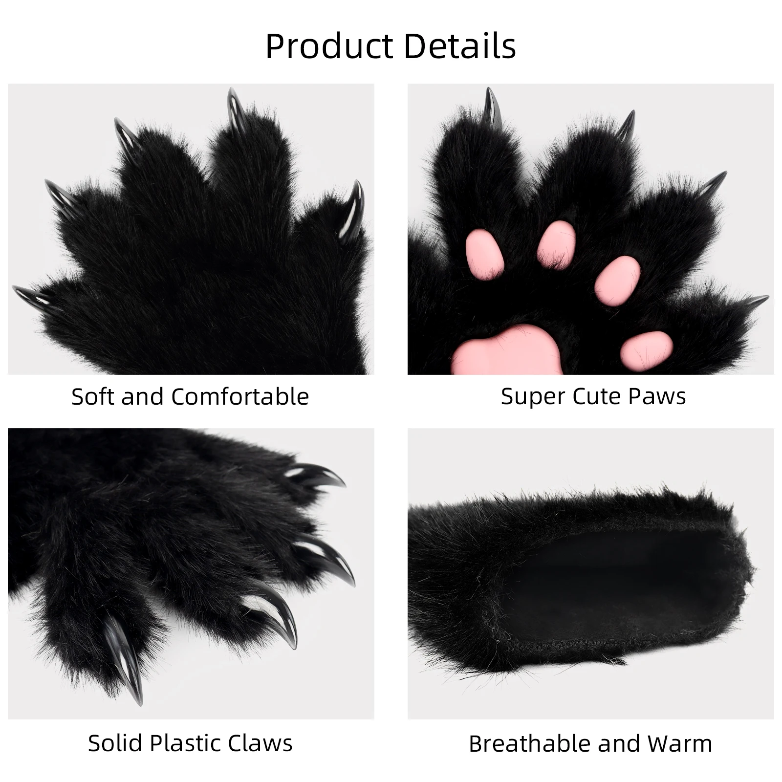 Furry Fur Cat Wolf Fox Dog Fluffy Animal Paws Claws Gloves Mittens Hands Costume Cosplay Halloween Christmas for Kids